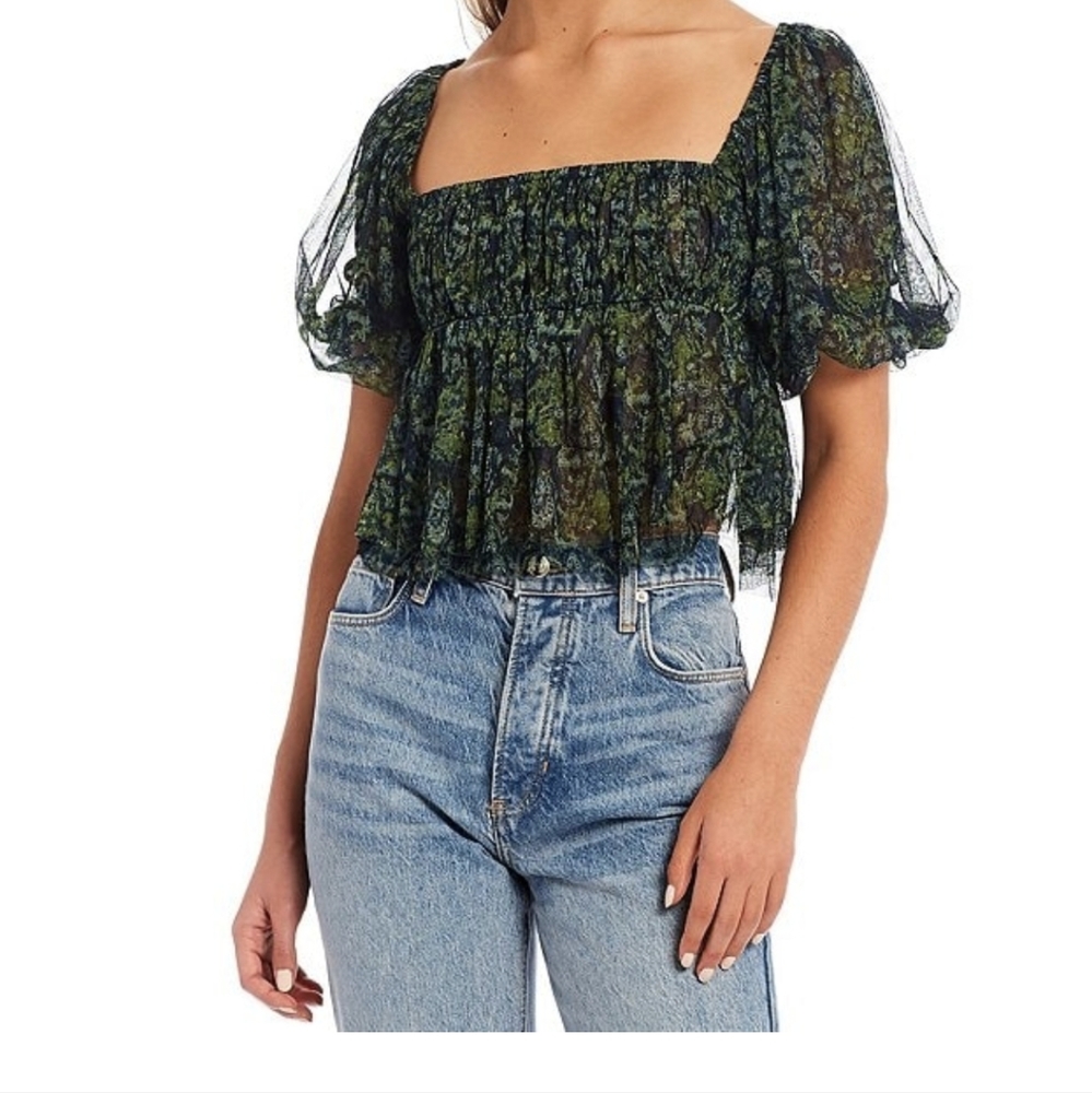 Free People Penelope Square Neck Short Puffed Draped Sleeve Ruffle Smocked Top